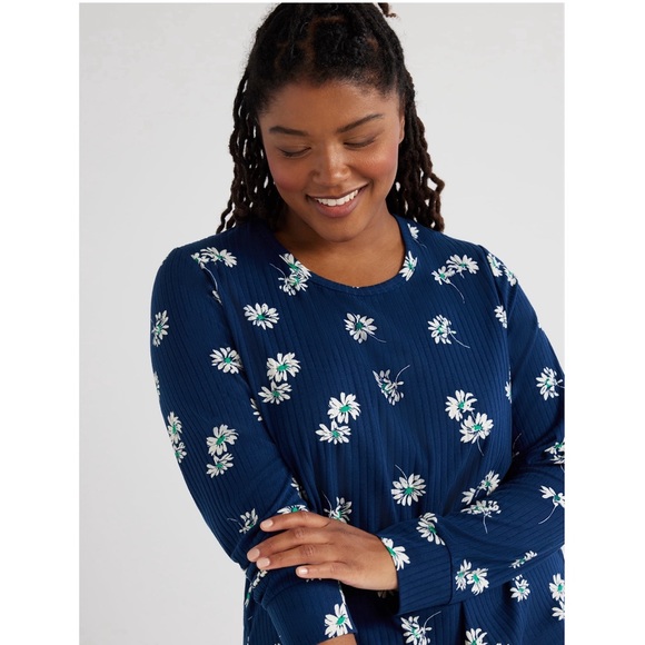 Joyspun Women’s Ribbed Blue Floral Print Top and Pants Pajama Lounge Set - Picture 4 of 5